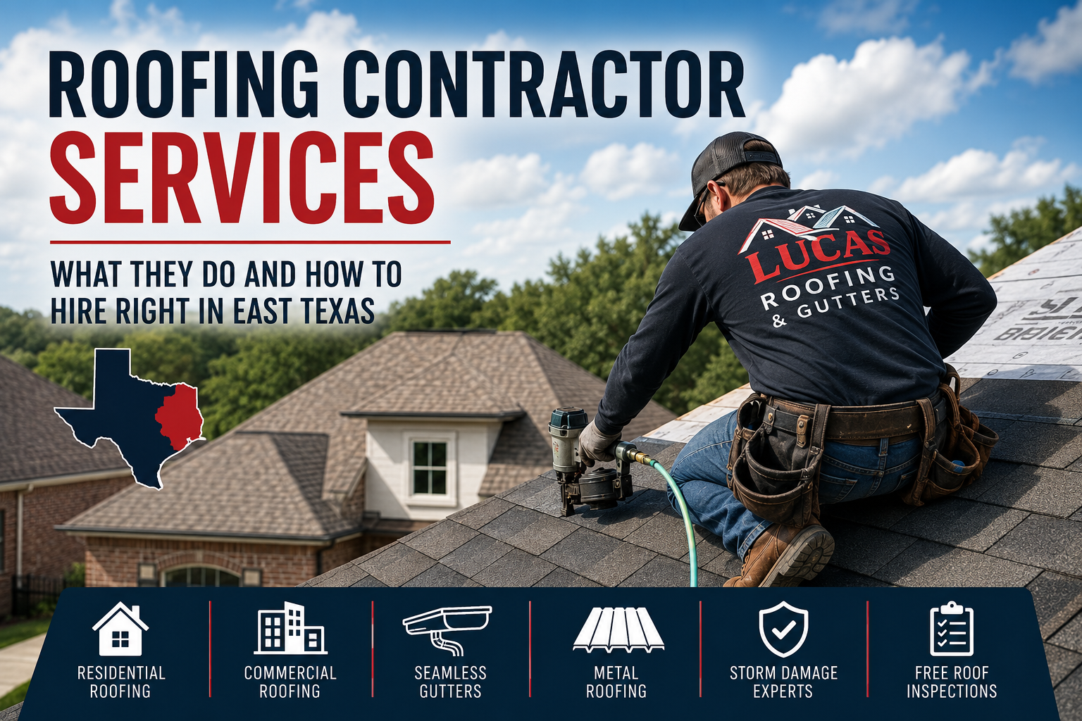 Roofing contractor installing asphalt shingles on a residential roof in East Texas with roofing services including inspections, repairs, metal roofing, gutters, and storm damage restoration.
