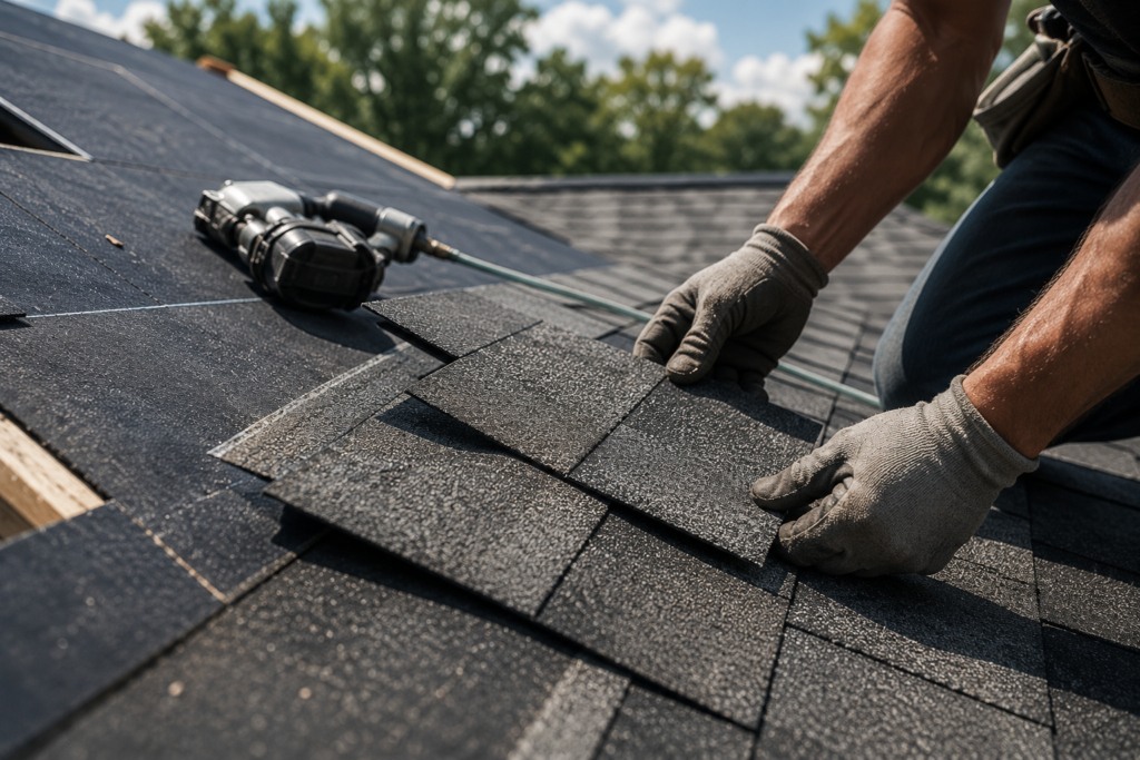 Roofing contractor installing asphalt shingles on a residential roof during a professional roof replacement project in East Texas.